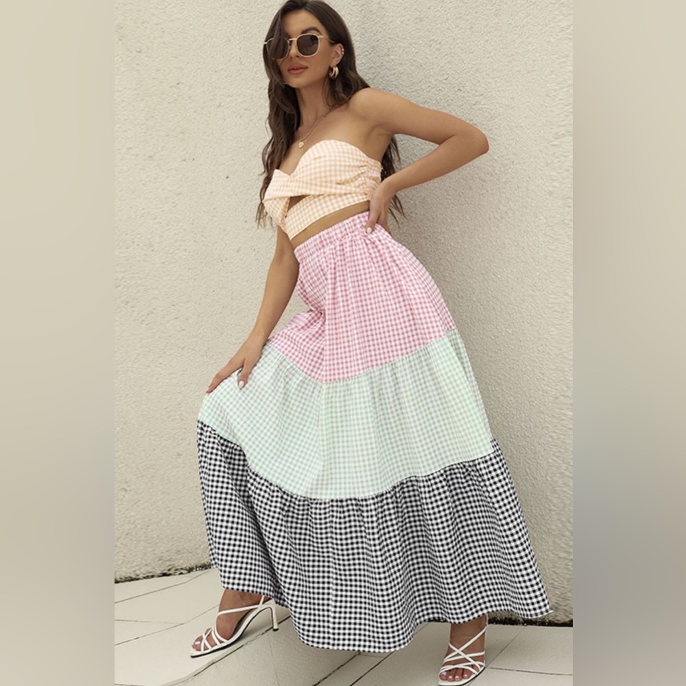 LEILA Plaid Strapless Top and Tiered Skirt Set